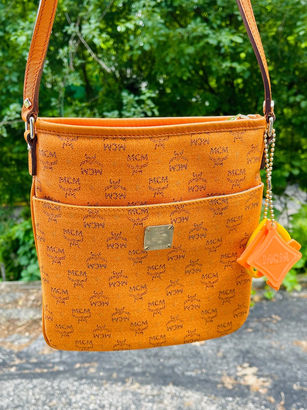 MCM Orange Monogram Crossbody Bag with Logo Charm